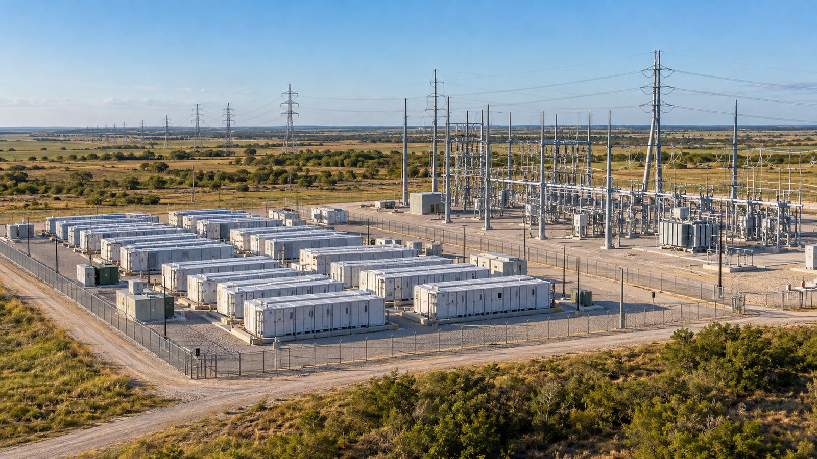 Battery storage yard next to a high-voltage substation