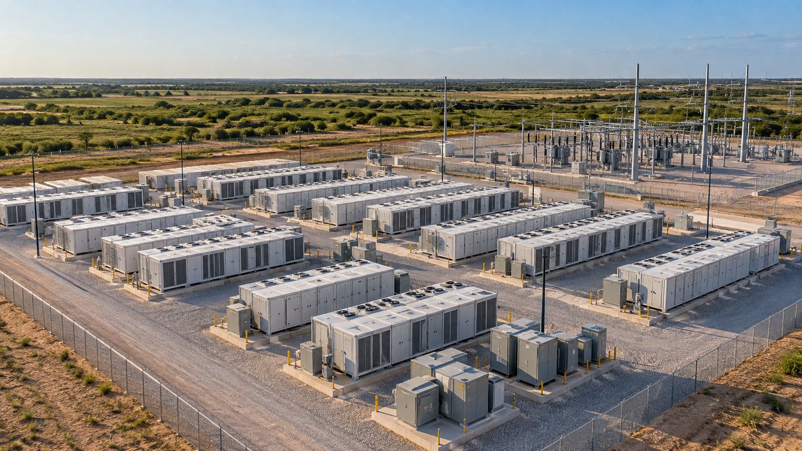 Battery energy storage yard beside a high-voltage substation