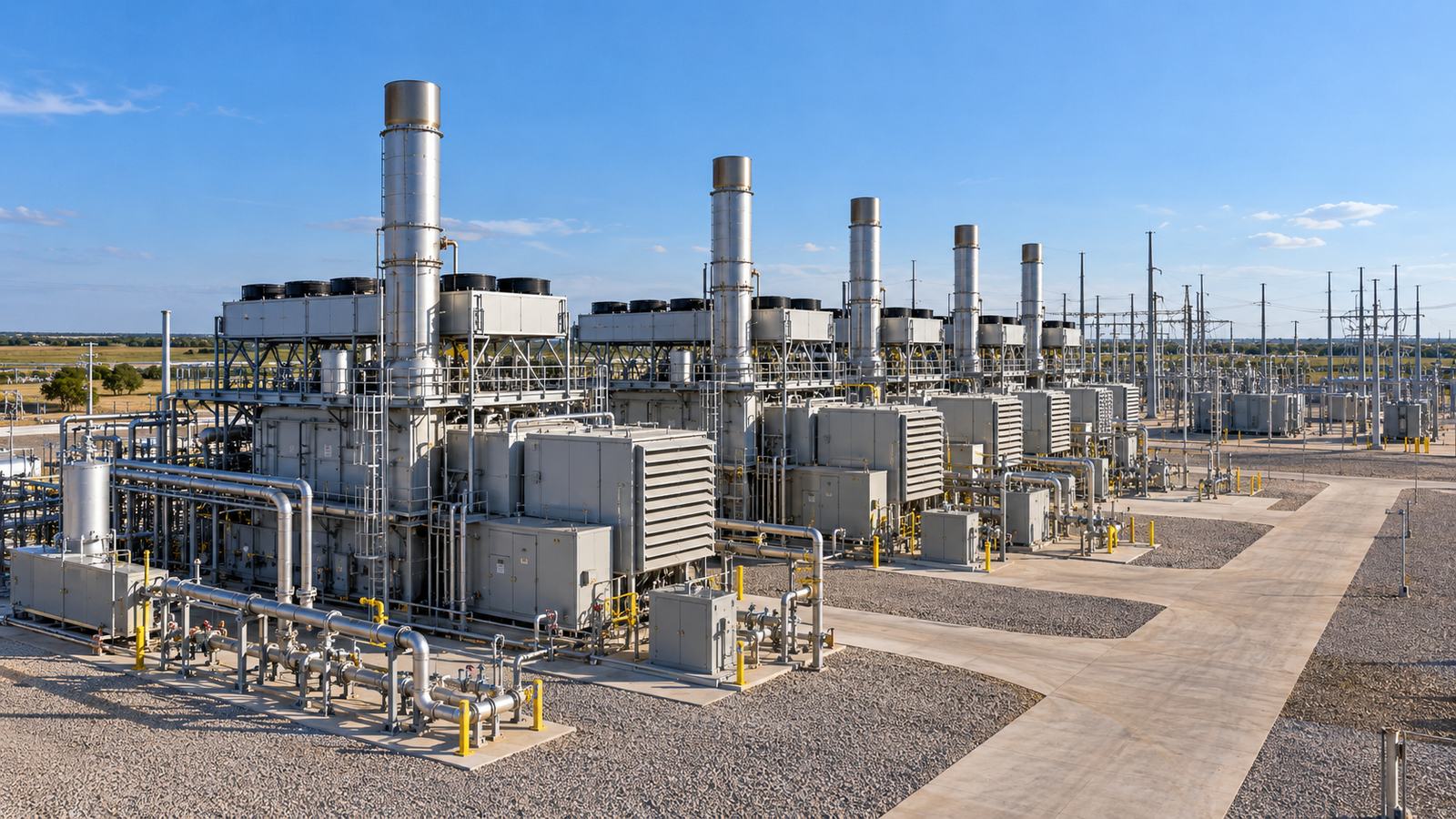 Power generation plant with engines and exhaust stacks
